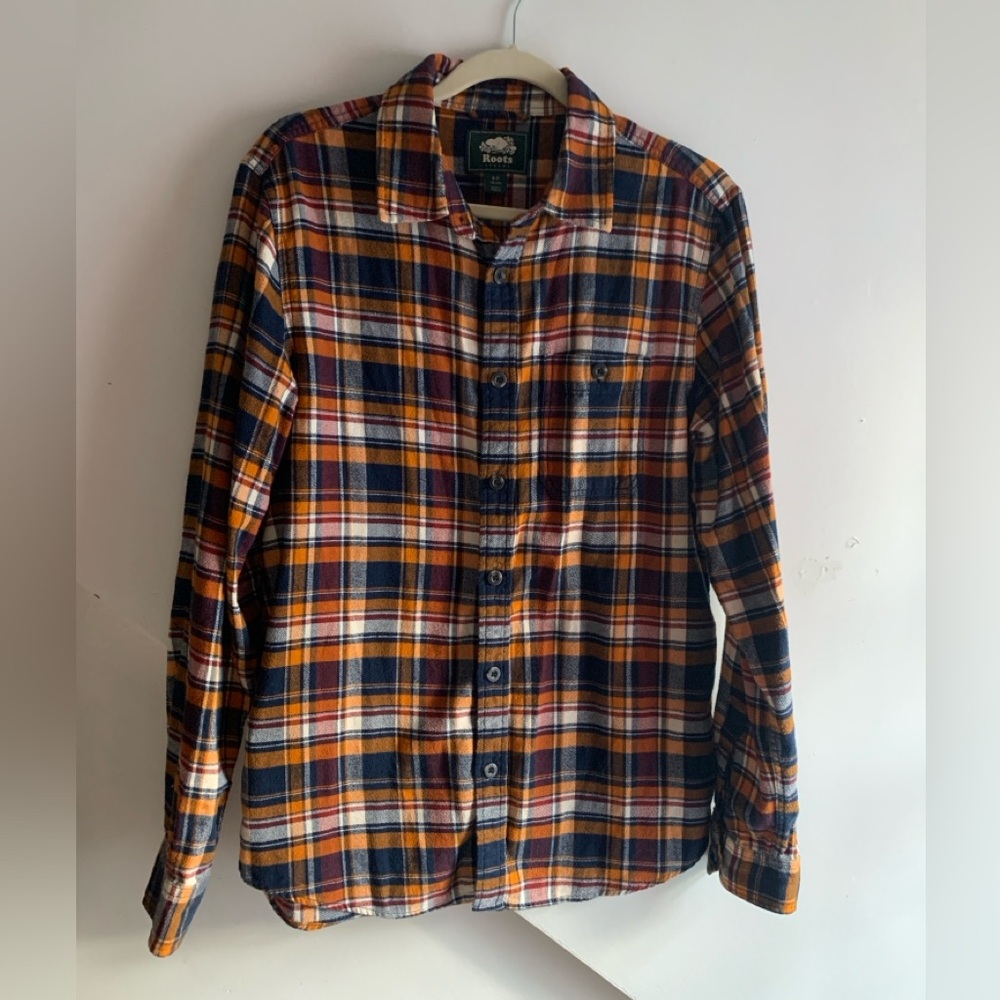 Roots Men's Plaid Orange and Blue Button-Up
